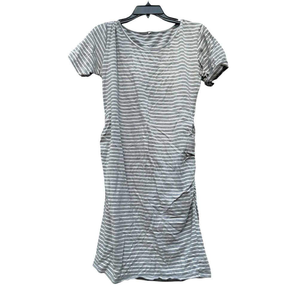Maternity short sleeves ruched gray dress size L stripes